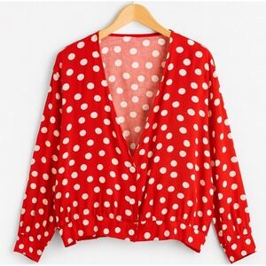 Vintage Diversity Red Polkadot Button front Sweater Women's sz 10 Rockabilly Pin